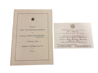 Lot 66 - The Marriage of H.R.H. The Princess Elizabeth to Lieutenant Philip Mountbatten R.N. (later H.M. Queen Elizabeth II and H.R.H. The Duke of Edinburgh) November 1947, scarce invitation and Order of...