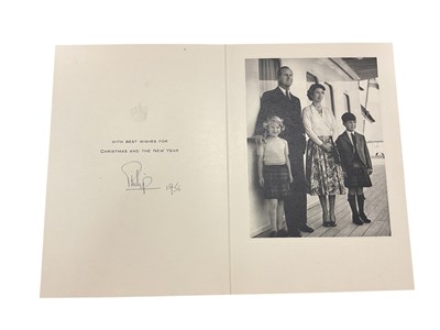 Lot 70 - H.R.H. The Duke of Edinburgh, scarce 1956 Christmas card with photograph of the young Royal Family on board the new Royal Yacht to the interior, signed in ink 'Philip 1956'