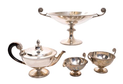 Lot 266 - Good quality George V Etruscan revival three piece silver teaset comprising teapot of circular form raised on a circular pedestal foot.