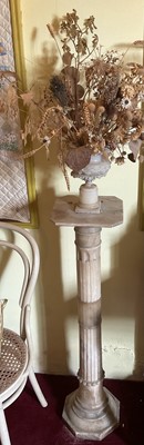 Lot 1280 - Victorian carved alabaster column, with urn surmount and canted platform on stop-fluted column and facetted base