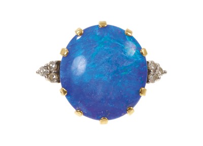 Lot 402 - Black Opal and diamond ring, the black opal doublet in claw setting flanked by brilliant cut diamonds to the shoulders on 18ct gold shank, London 1976