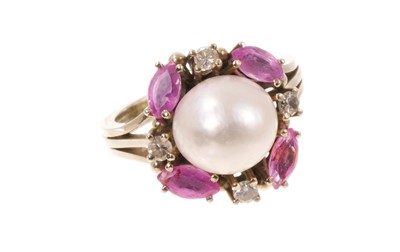 Lot 407 - Pearl diamond and gem-set cocktail ring with a pearl (not tested for natural origin) surrounded by four brilliant cut diamonds and four marquise cut pink stones, all in white gold setting, Portu...