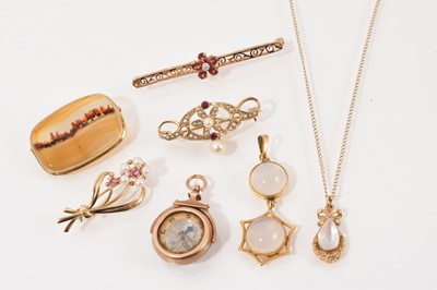 Lot 416 - Four gold brooches, a compass fob and two moonstone pendants