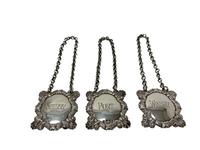 Lot 274 - Set of three George IV cast silver decanter labels, Port, Whisky and Sherry (London 1826)