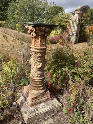 Lot 1294 - 19th century terracotta column, surmounted by bronze sundial