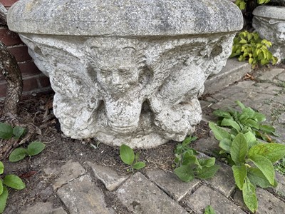Lot 1298 - Substantial pair of carved marble garden urns, carved with masks and mythical beasts, 19th century or earlier, lacking their bases