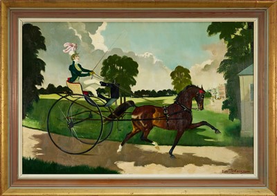Lot 852 - *Doris Zinkeisen (1898-1991) oil on canvas - Lady Caroline Lamb driving a whisky through Hyde Park, signed, titled verso, 51cm x 76cm, framed Provenance: Christies 4th March 1987, lot 265<...