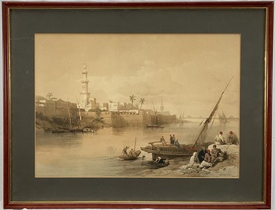 Lot 130 - After David Roberts, lithograph with tone and hand-coloured by Louis Haghe, View on the Nile Ferry to Gizeh, framed and glazed, 50 x 65cm