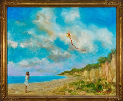 Lot Dave Ross (Contemporary) oil on board - Flying a Kite, signed and dated '24, 72cm x 90cm, in painted frame (generously donated by the artist to be sold benefiting St Helena Hospice)