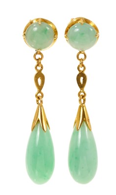 Lot Pair of jade pendant earrings, each with a pear shape drop suspended from a further jade cabochon, all in yellow metal setting, 40mm, in box.