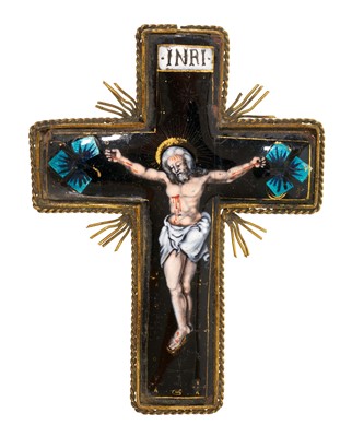 Lot 472 - 19th century Limoges enamel crucifix pendant depicting Christ on the cross, in yellow metal setting, 78mm.