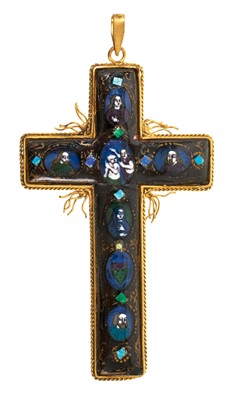 Lot 473 - 19th century Limoges enamel cross pendant with reserves depicting The Virgin Mary and Saints, in gilt metal setting, 11.5cm.