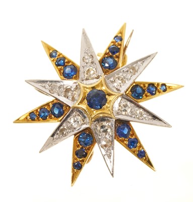 Lot Victorian style diamond and sapphire star pendant/brooch with mixed-cut blue sapphires and brilliant cut diamonds, 29mm.