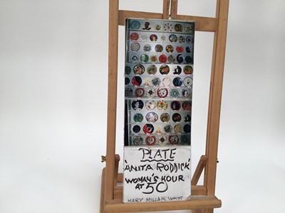 Lot 944 - *Mary Millar Watt (1924-2023) hand painted ceramic plate decorated with a portrait of Anita Roddick, signed and titled verso, 30.5cm diameter