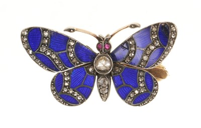 Lot Antique diamond and blue enamel butterfly brooch