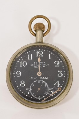 Lot 509 - WWI military pocket watch, the black enamel dial marked '30 Hours Non Luminous Mark V' 'B.H. 2446', the back of the case with A and broad arrow mark, case 52mm diameter