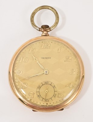 Lot 510 - Art Deco Tempo pocket watch with checkered gold dial and applied gold numerals in a slim gold plated case, 47mm diameter