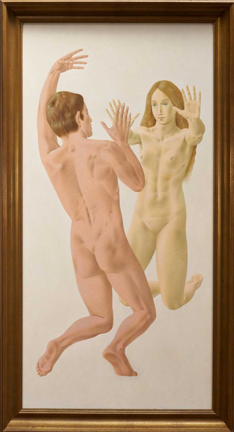 Lot 1075 - *Francis Plummer (1930-2019) egg tempera on board - Tit For Tat, signed with initial P., dated '76, titled verso, 120cm x 60cm, framed