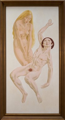 Lot 1071 - *Francis Plummer (1930-2019) egg tempera on board - Reconciliation, signed with initial P., dated '76, titled verso, 120cm x 60cm, framed