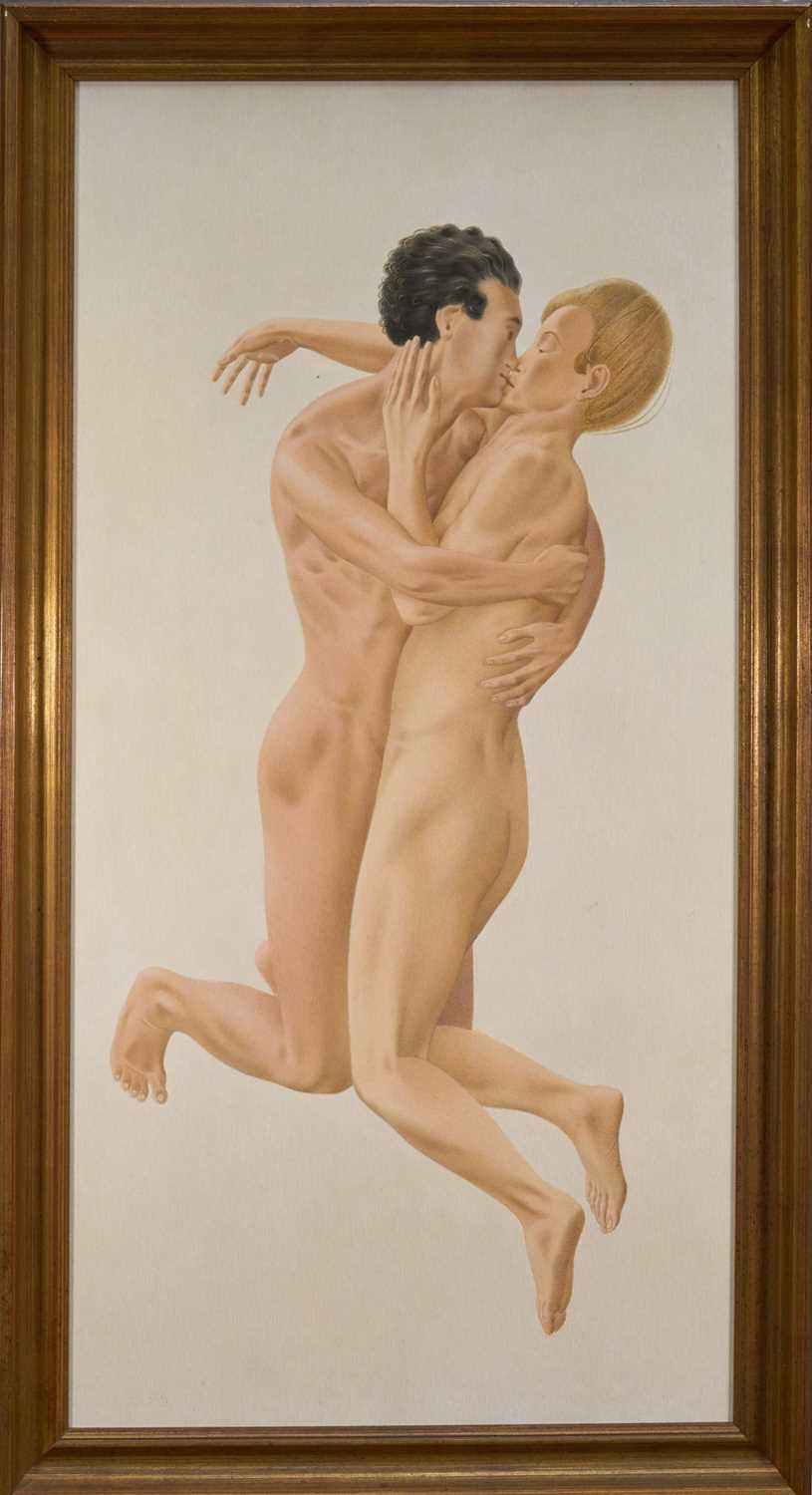 Lot 1080 - *Francis Plummer (1930-2019) egg tempera on board - Couple, signed with initial P., dated '76, titled verso, 120cm x 60cm, framed