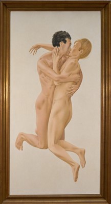Lot 1080 - *Francis Plummer (1930-2019) egg tempera on board - Couple, signed with initial P., dated '76, titled verso, 120cm x 60cm, framed