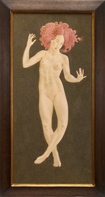 Lot 1076 - *Francis Plummer (1930-2019) egg tempera on board - Dancer, signed with initial P., dated '78, titled verso, 60cm x 28cm, framed