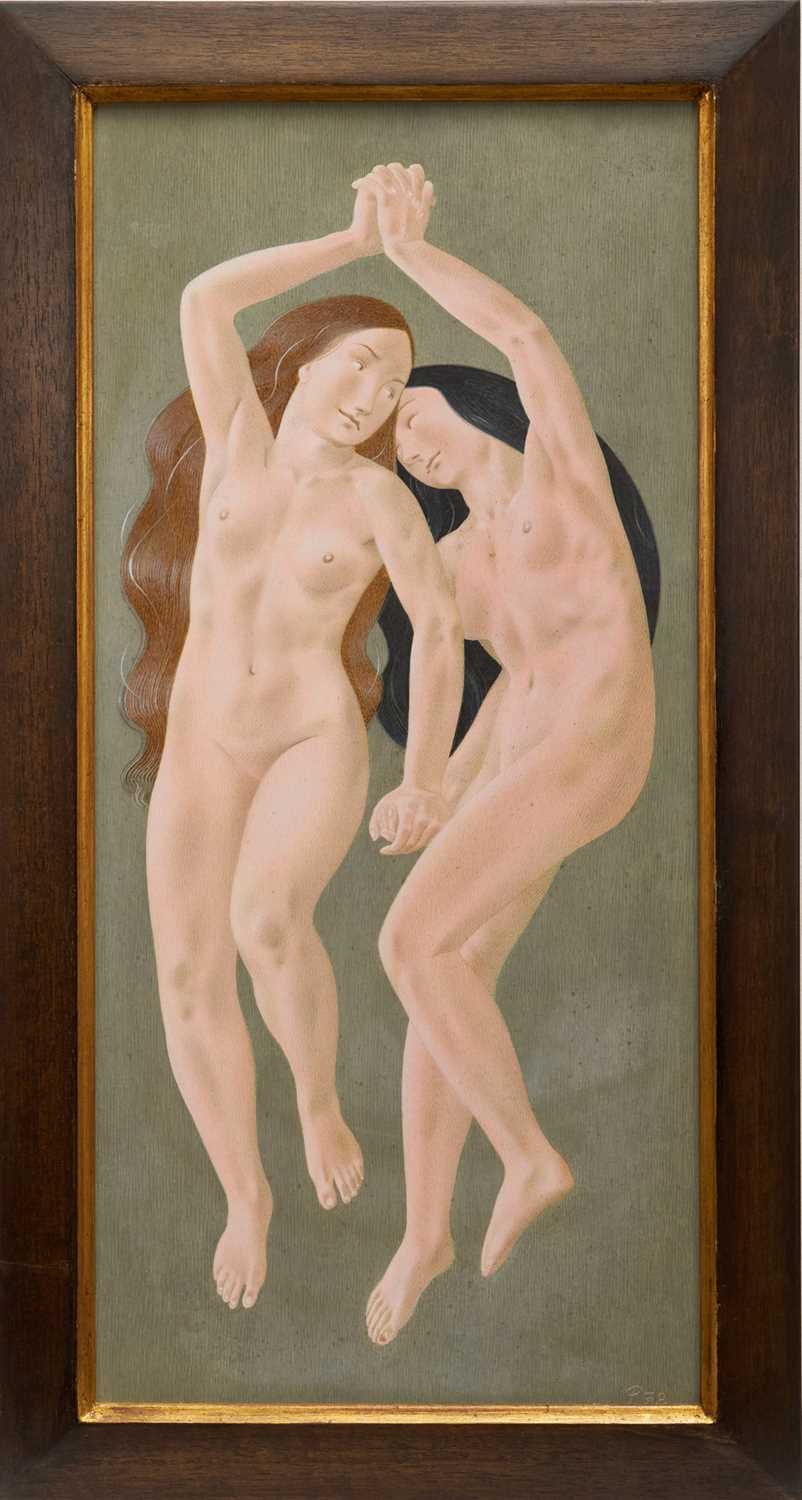 Lot 1077 - *Francis Plummer (1930-2019) egg tempera on board - Play Wrestling, signed with initial P., dated '78, titled verso, 60cm x 28cm, framed
