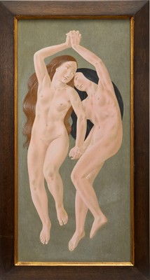 Lot 1077 - *Francis Plummer (1930-2019) egg tempera on board - Play Wrestling, signed with initial P., dated '78, titled verso, 60cm x 28cm, framed