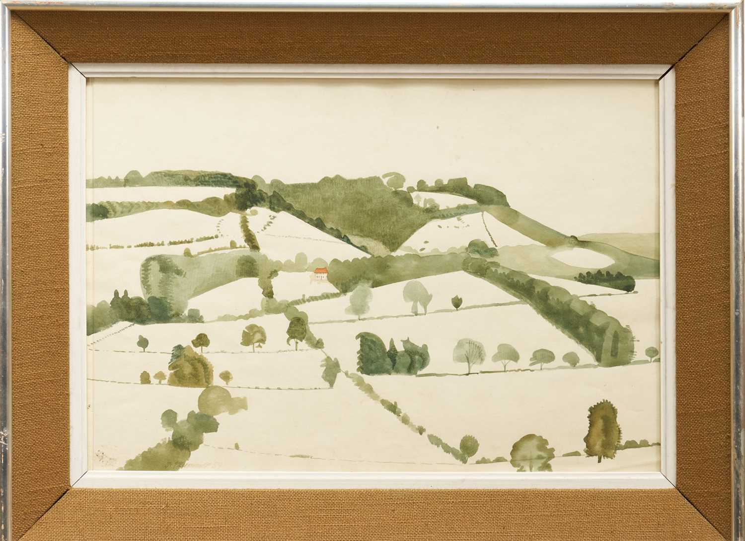 Lot 1073 - *Francis Plummer (1930-2019) watercolour - "Slope of The Darenth Valley", signed and dated '59, titled verso, 38cm x 55cm, in glazed frame