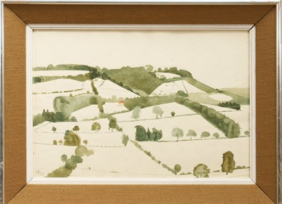 Lot 1073 - *Francis Plummer (1930-2019) watercolour - "Slope of The Darenth Valley", signed and dated '59, titled verso, 38cm x 55cm, in glazed frame