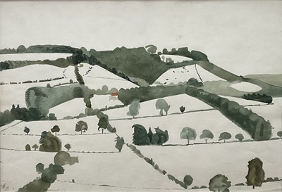 Lot 1073 - *Francis Plummer (1930-2019) watercolour - "Slope of The Darenth Valley", signed and dated '59, titled verso, 38cm x 55cm, in glazed frame