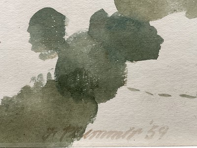 Lot 1073 - *Francis Plummer (1930-2019) watercolour - "Slope of The Darenth Valley", signed and dated '59, titled verso, 38cm x 55cm, in glazed frame