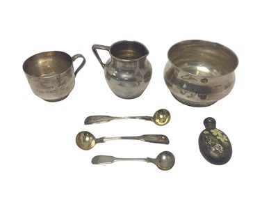 Lot 287 - Group of silver and white metal items to include a Victorian silver scent bottle with enamel decoration, (London 1887), maker Sampson Mordan, silver milk jug, bowl