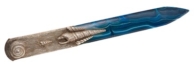 Lot 200 - Jocelyn Burton (1946 - 2020), fine contemporary silver paper knife, with cast handle depicting varioua sea shells in relief, on a wave like textured ground and polished agate blade, (London 1981...