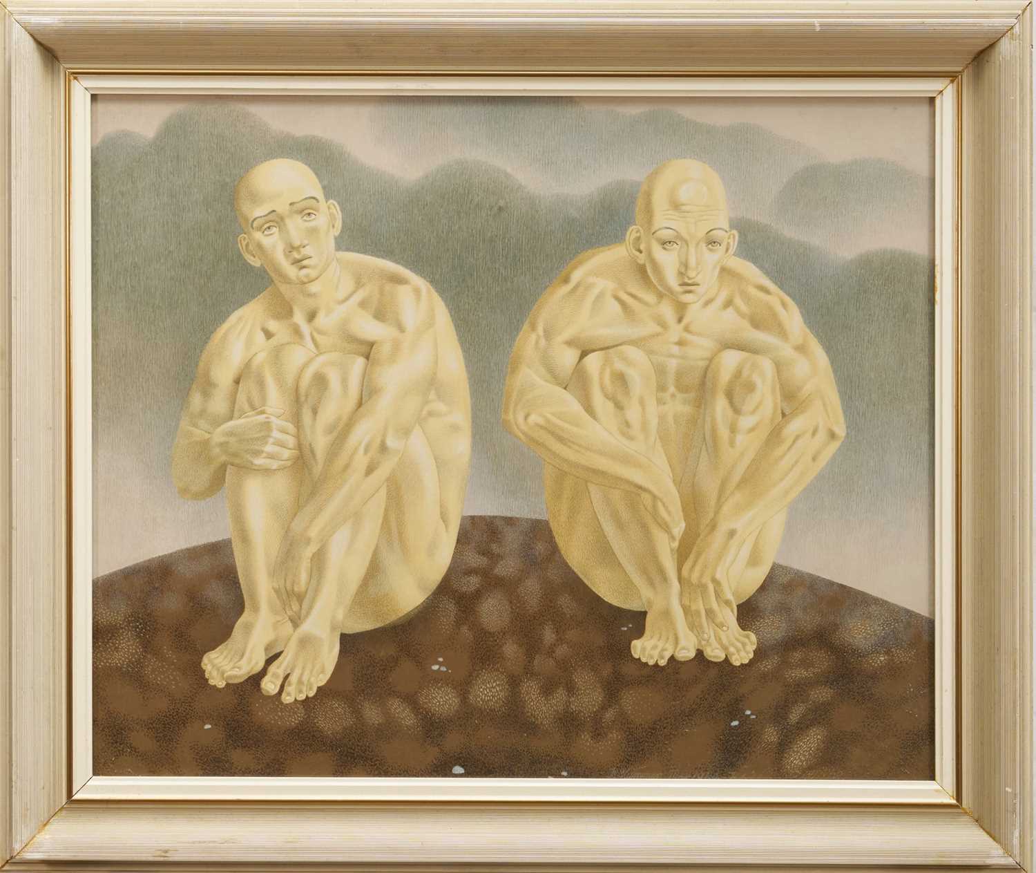 Lot 1082 - *Francis Plummer (1930-2019) egg tempera on board - Pair of Crouching Figures, 49.5cm x 60.5cm, framed