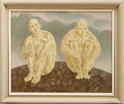 Lot 1082 - *Francis Plummer (1930-2019) egg tempera on board - Pair of Crouching Figures, 49.5cm x 60.5cm, framed