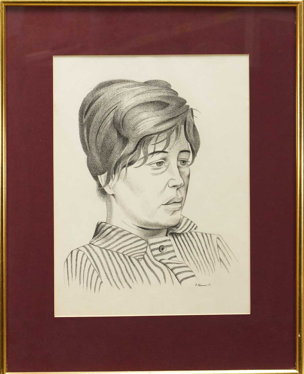 Lot 1083 - *Francis Plummer (1930-2019) two pen and ink drawings - portraits, possibly the Plummer sisters, signed and dated '66 and '67, 60cm x 28cm, framed