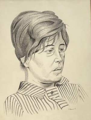 Lot 1083 - *Francis Plummer (1930-2019) two pen and ink drawings - portraits, possibly the Plummer sisters, signed and dated '66 and '67, 60cm x 28cm, framed