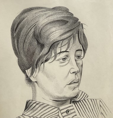 Lot 1083 - *Francis Plummer (1930-2019) two pen and ink drawings - portraits, possibly the Plummer sisters, signed and dated '66 and '67, 60cm x 28cm, framed