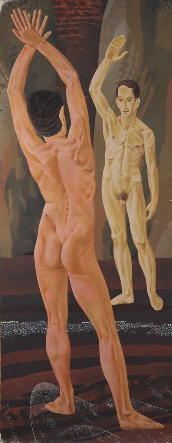 Lot 1085 - *Francis Plummer (1930-2019) egg tempera on board - Standing Male Nudes, 160cm x 62cm, unframed