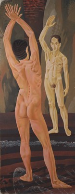 Lot *Francis Plummer (1930-2019) egg tempera on board - Standing Male Nudes, 160cm x 62cm, unframed