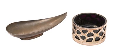Lot 208 - Anthony Panton Hawksley (1921 - 1991), contemporary silver salt cellar of circular form with pierced decoration and glass liner, (London 1964), together with a contemporary silver teardrop shap...