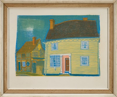 Lot Sheila Robinson (1925-1988) signed linocut - Two Houses in Thaxted, dated 1970, inscribed in pencil, 45cm x 56cm, in glazed frame