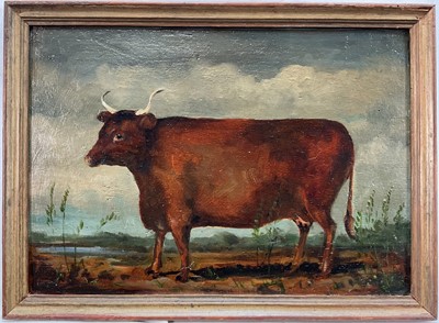 Lot 1167 - East Anglian School oil on panel - A Cow in Landscape, 26cm x 37cm, framed