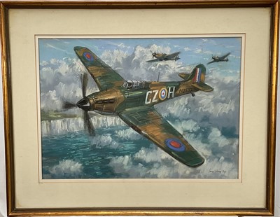 Lot 1123 - Ian Hay (1940-2025) five pastels on paper, military aircraft comprising Spitfire, Hurricane, Lancaster, Mosquito and Sunderland