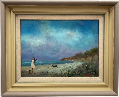 Lot 1031 - Dave Ross (Contemporary), oil on board - Walking the Dogs at Mersea, signed and dated '25, 22cm x 29.5cm, in painted frame