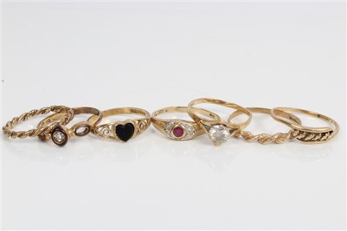 Lot 3365 - Seven gold (9ct) dress rings