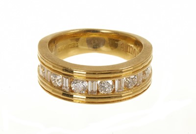 Lot 18ct gold diamond ring, the wide band with brilliant cut and baguette cut diamonds