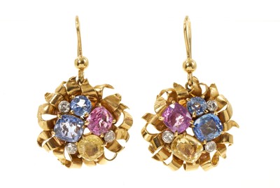 Lot Pair of 1930s-1950s diamond and multi-coloured sapphire earrings, each with pink, yellow and cornflower blue sapphires