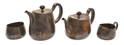 Lot 224 - David Mellor CBE RDI (1930 - 2009) contemporary silver four piece 'Pride' teaset, for Walker & Hall, design no. 53718 comprising hot water pot and teapot with ebonised wood finials and handl...